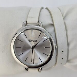 Geneva Wrap Around Women's Watch 40MM Gray Dial White Leather Band New Battery